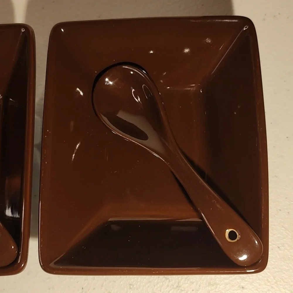 Longaberger Vitrified Pottery Set Of 3 Tasting Bowls  With Spoons In Chocolate